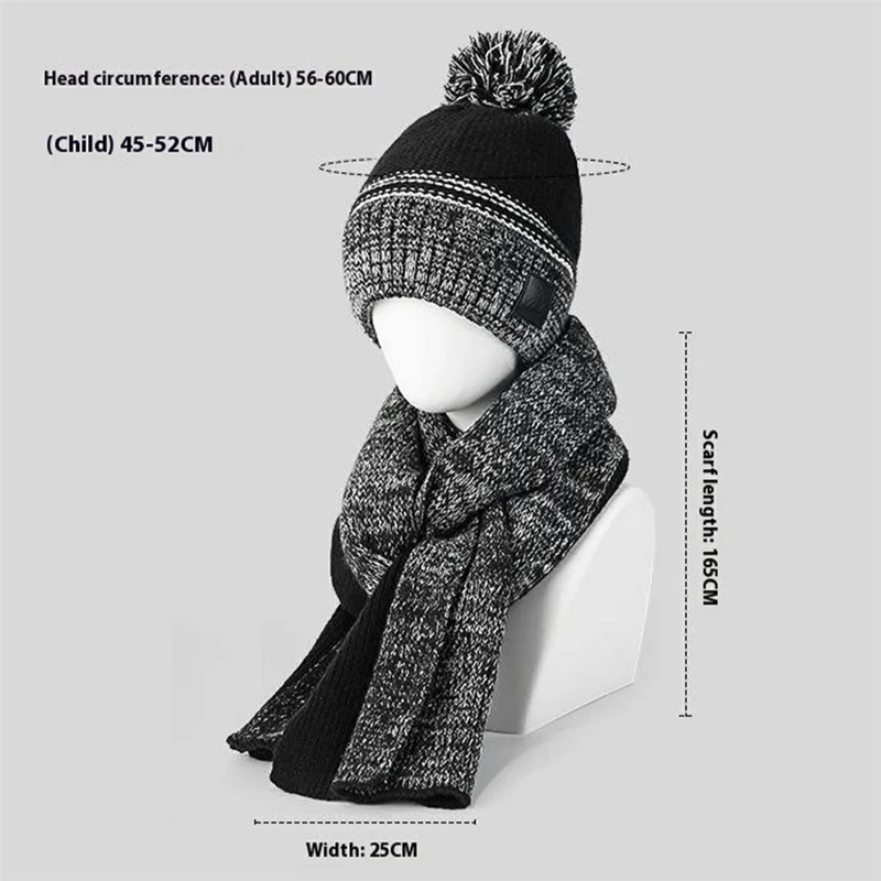 JUNGLEBILL 2 szt./komplet Zimowy przeciwwiatrowy szalik dzianinowy i ciepła czapka z pomponem z podszewką z polaru dla dorosłych/dzieci - Czarny+Szary / Dorośli