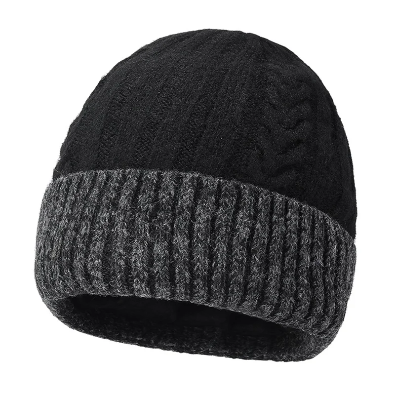 Winter Fleece Lined Knit Hat Color Block Ear Protection Elastic Beanie Cap for Men Women - Black