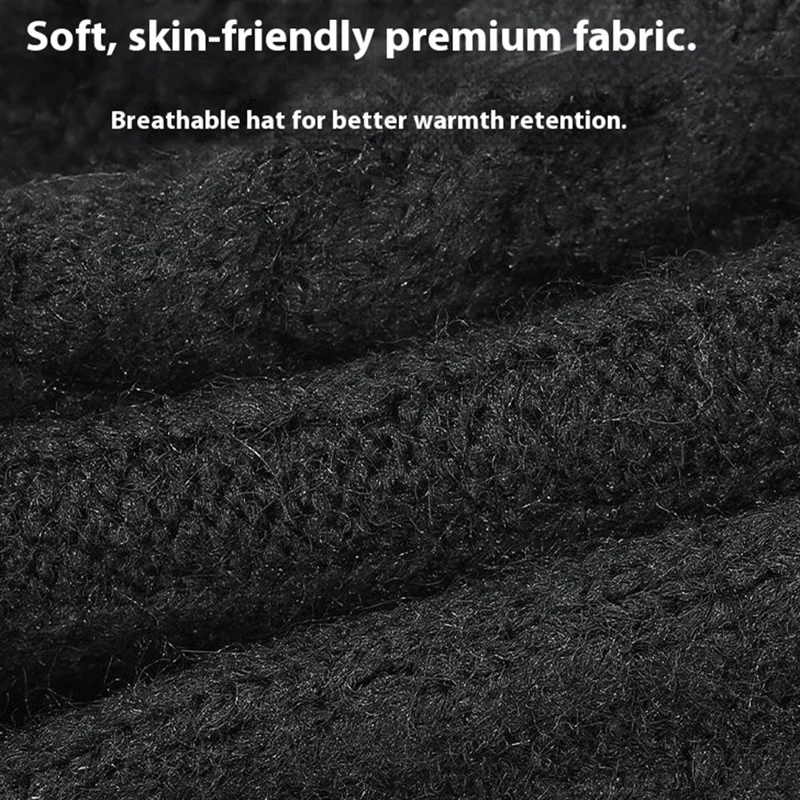 Winter Fleece Lined Knit Hat Color Block Ear Protection Elastic Beanie Cap for Men Women - Black