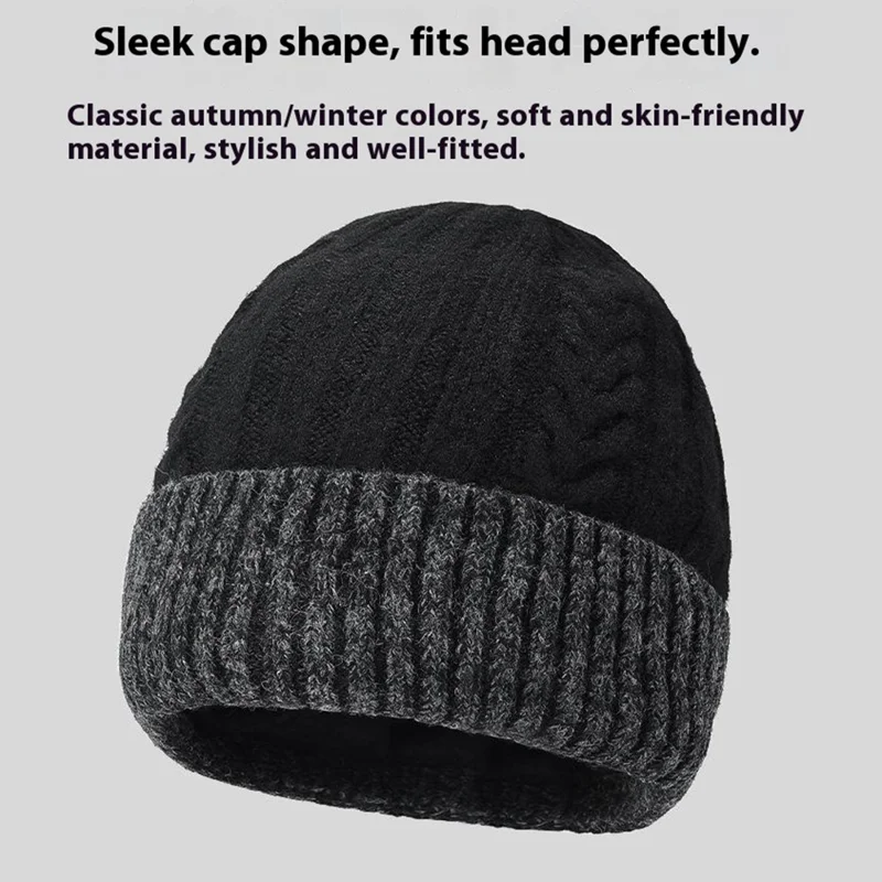 Winter Fleece Lined Knit Hat Color Block Ear Protection Elastic Beanie Cap for Men Women - Black