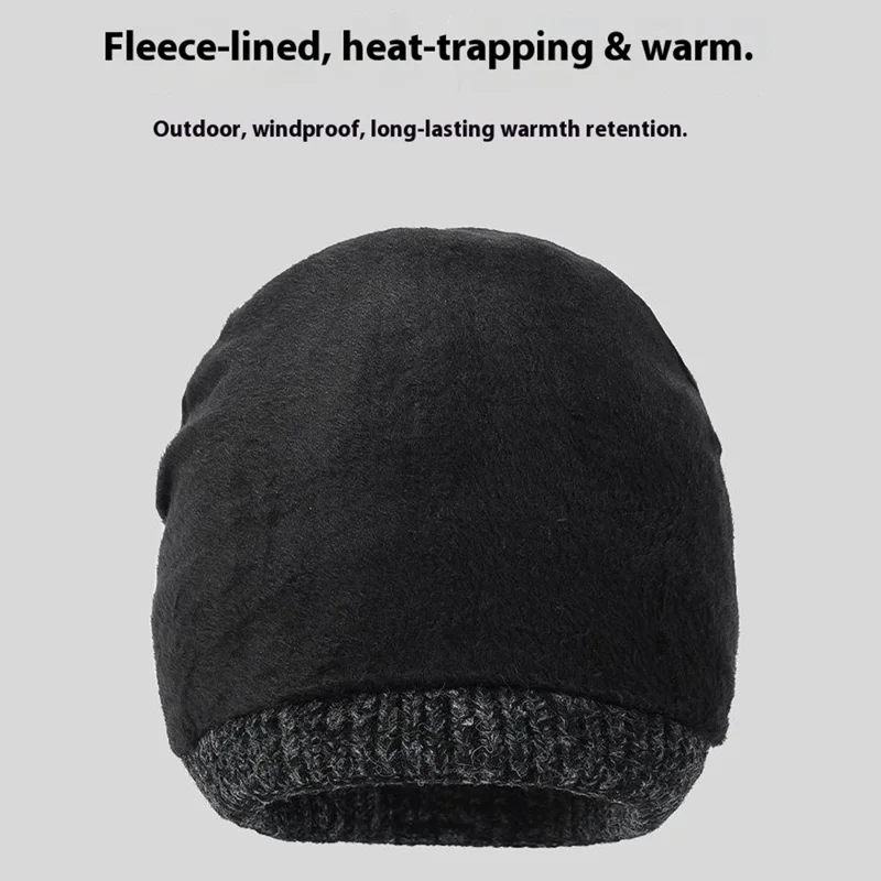Winter Fleece Lined Knit Hat Color Block Ear Protection Elastic Beanie Cap for Men Women - Black