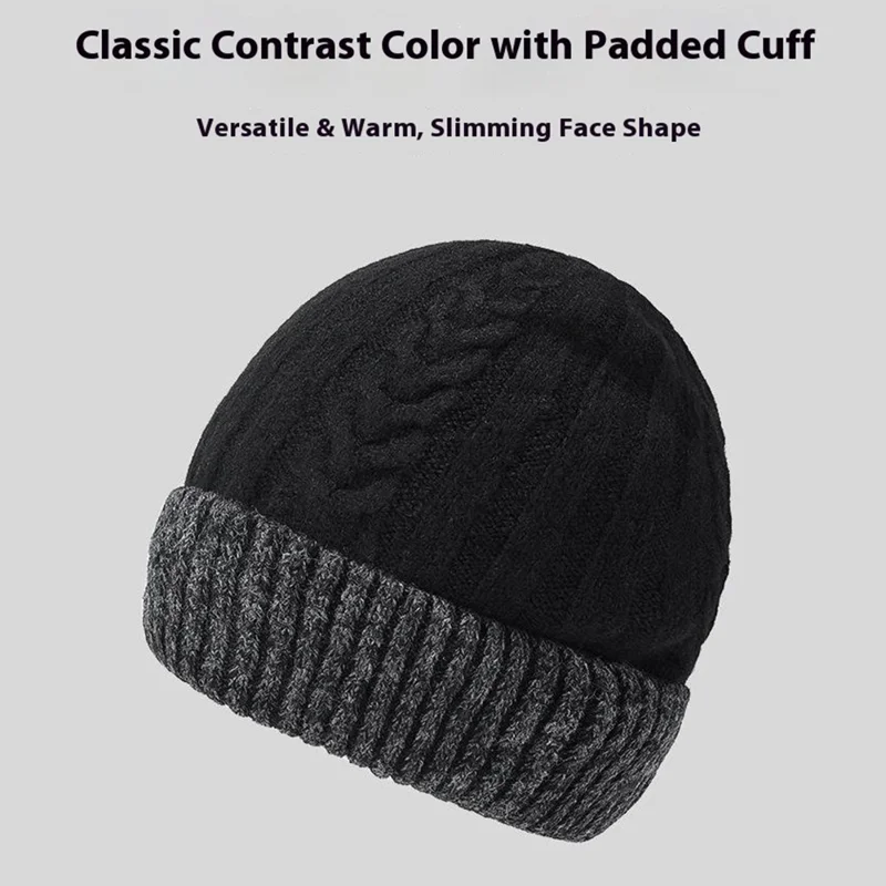 Winter Fleece Lined Knit Hat Color Block Ear Protection Elastic Beanie Cap for Men Women - Black