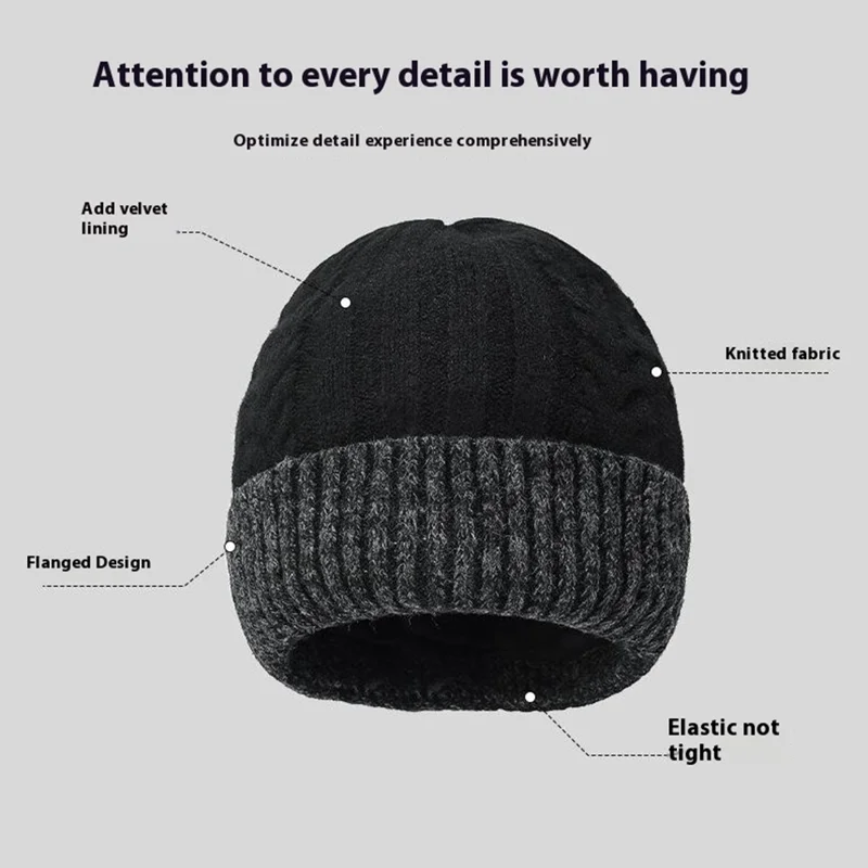 Winter Fleece Lined Knit Hat Color Block Ear Protection Elastic Beanie Cap for Men Women - Black