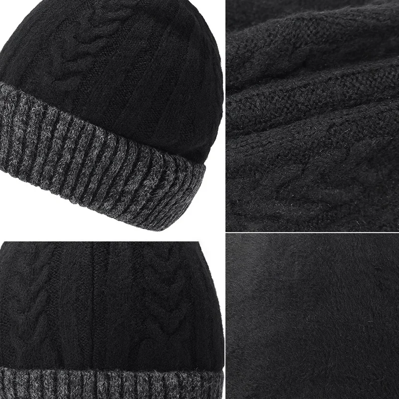 Winter Fleece Lined Knit Hat Color Block Ear Protection Elastic Beanie Cap for Men Women - Black