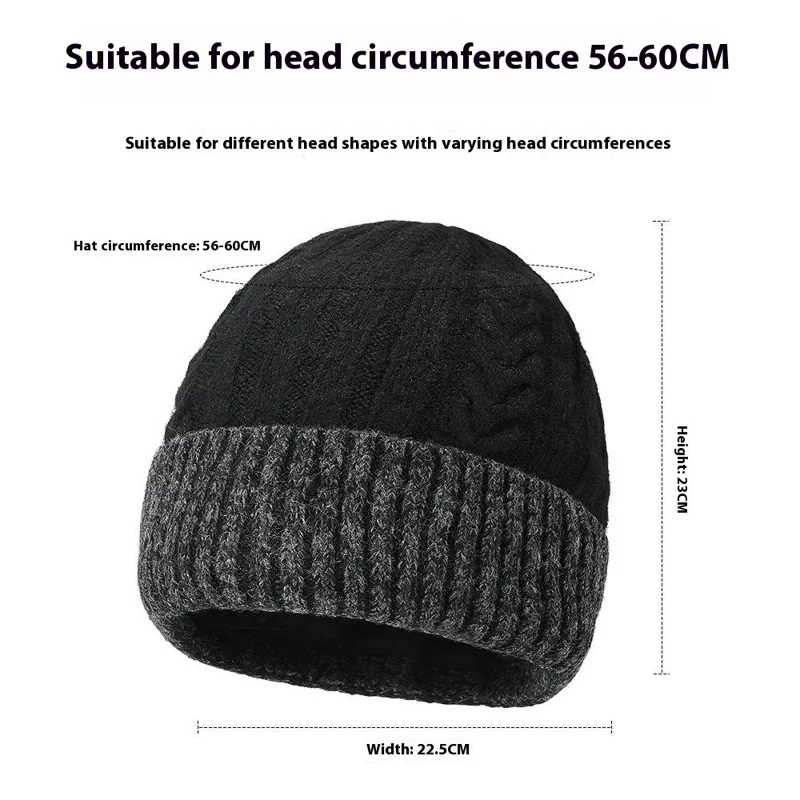 Winter Fleece Lined Knit Hat Color Block Ear Protection Elastic Beanie Cap for Men Women - Black