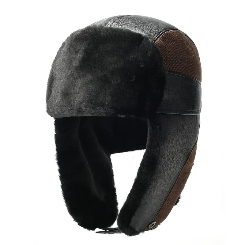Winter PU Trapper Hat Outdoor Windproof Ski Cap Ear Flap Protection Thickened Fleece Lined Warm Hat - Brown