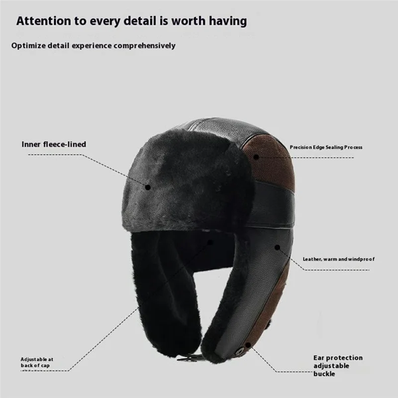 Winter PU Trapper Hat Outdoor Windproof Ski Cap Ear Flap Protection Thickened Fleece Lined Warm Hat - Brown