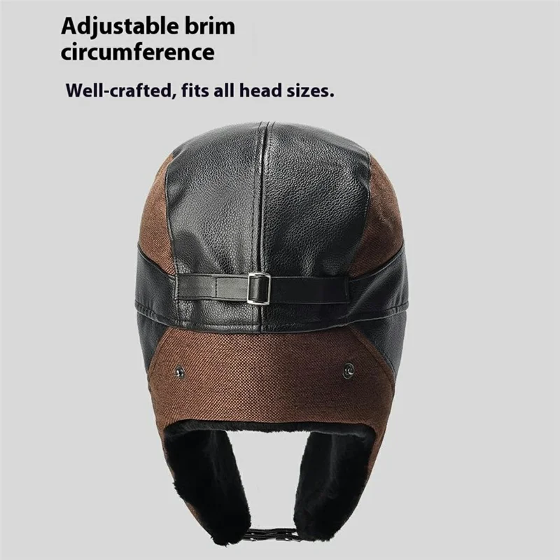 Winter PU Trapper Hat Outdoor Windproof Ski Cap Ear Flap Protection Thickened Fleece Lined Warm Hat - Brown