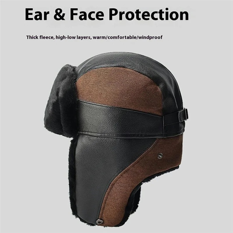 Winter PU Trapper Hat Outdoor Windproof Ski Cap Ear Flap Protection Thickened Fleece Lined Warm Hat - Brown