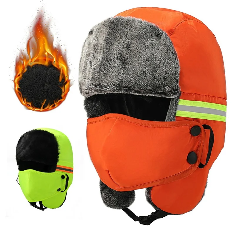 Vinter sikkerhedshat med reflekterende striber, fleecefor, trapperhat, varm beskyttende hovedbeklædning til udendørs brug - Orange