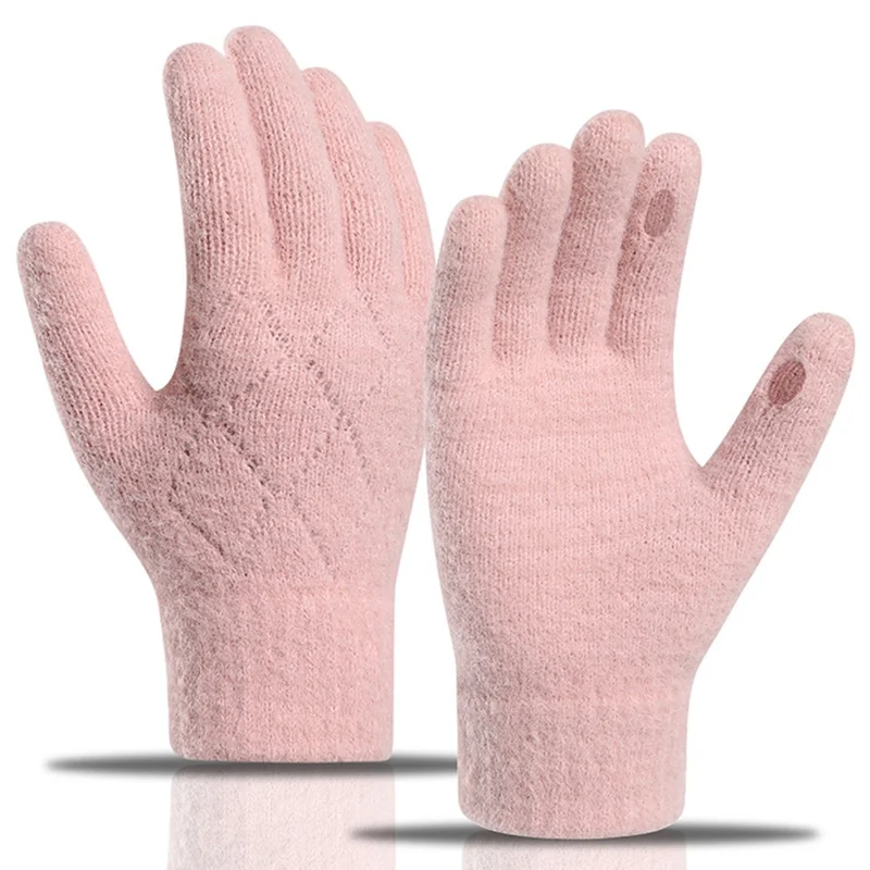 For Women Winter Knitted Gloves Touchscreen Compatible Fingertip Holes Thickened Five Finger Mittens - Pink