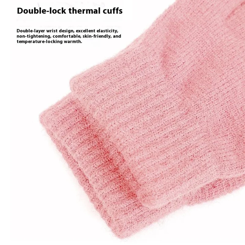 For Women Winter Knitted Gloves Touchscreen Compatible Fingertip Holes Thickened Five Finger Mittens - Pink