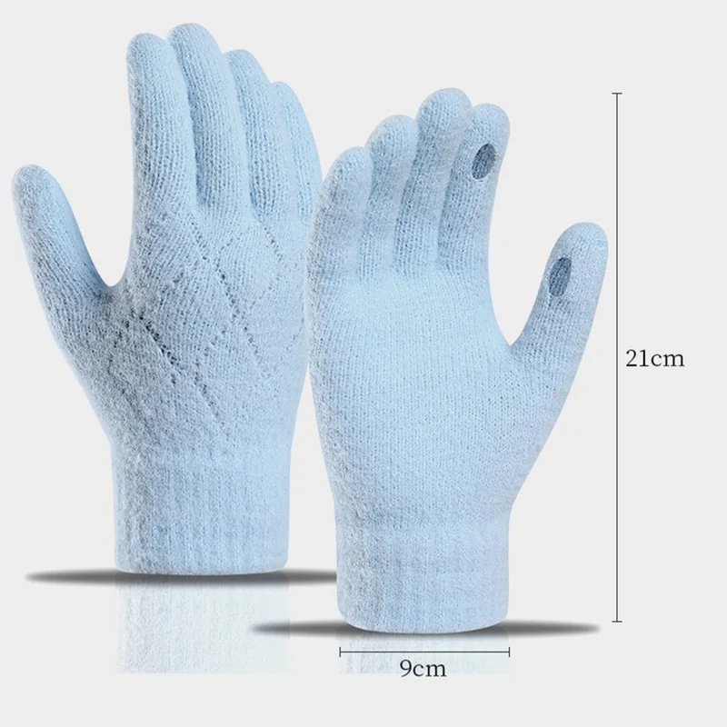For Women Winter Knitted Gloves Touchscreen Compatible Fingertip Holes Thickened Five Finger Mittens - Pink
