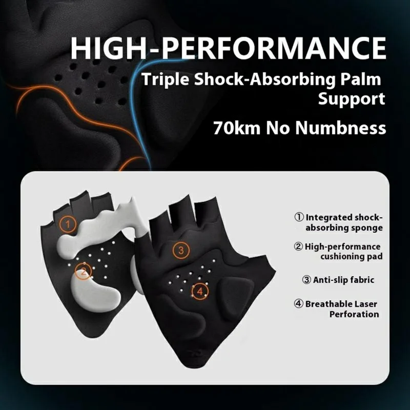 GOLOVEJOY Size M UPF50+ Shock Absorbing Gloves Breathable Mesh Half Finger Mittens for Road Bike  /  Motorcycle - Black