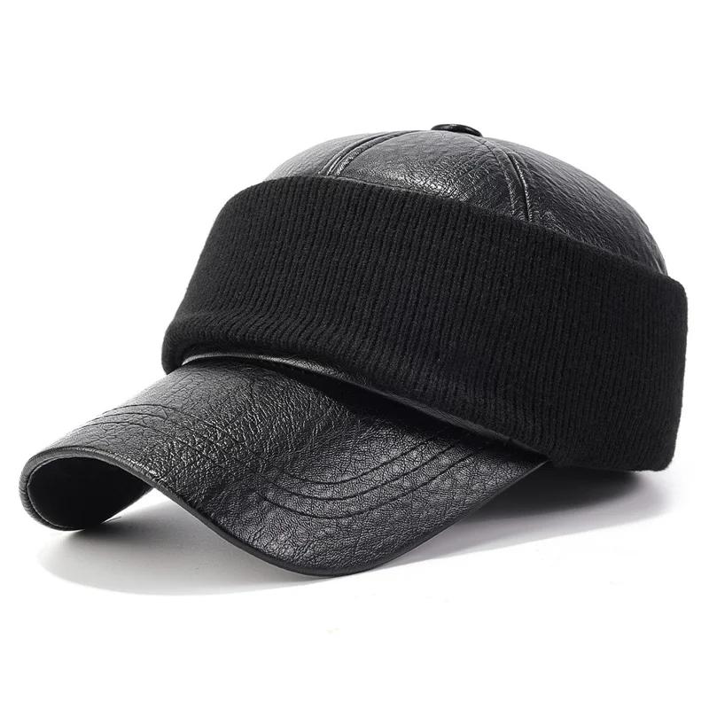 PU Leather Outdoor Warm Hat for Men Autumn Winter Baseball Cap with Ear Flaps - Black