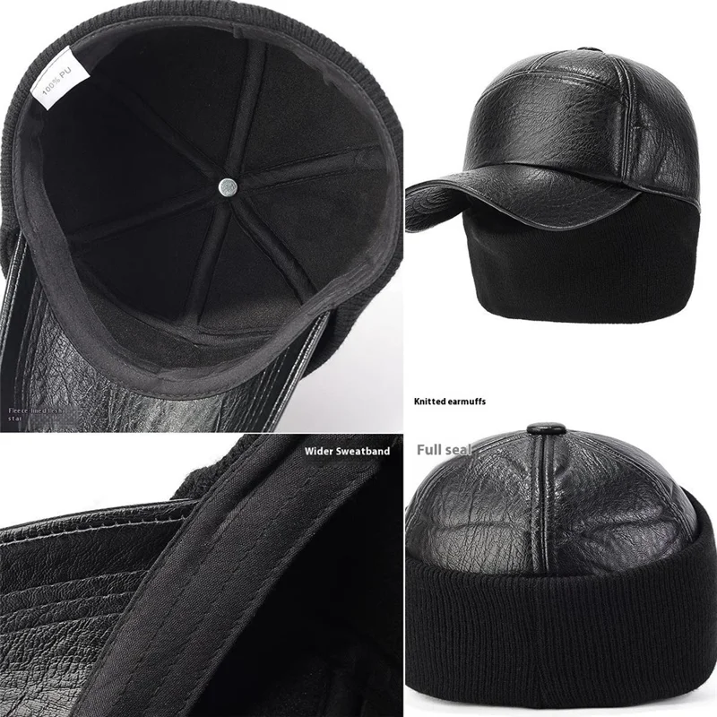 PU Leather Outdoor Warm Hat for Men Autumn Winter Baseball Cap with Ear Flaps - Black