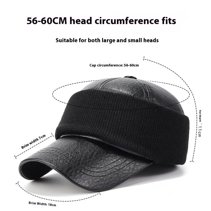 PU Leather Outdoor Warm Hat for Men Autumn Winter Baseball Cap with Ear Flaps - Black
