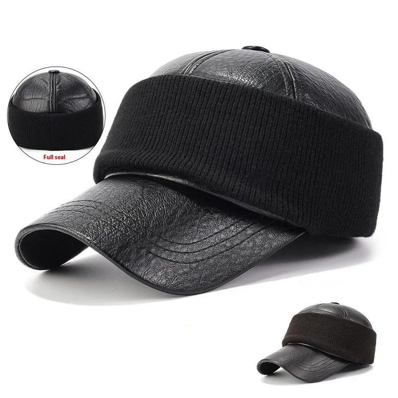 PU Leather Outdoor Warm Hat for Men Autumn Winter Baseball Cap with Ear Flaps - Black