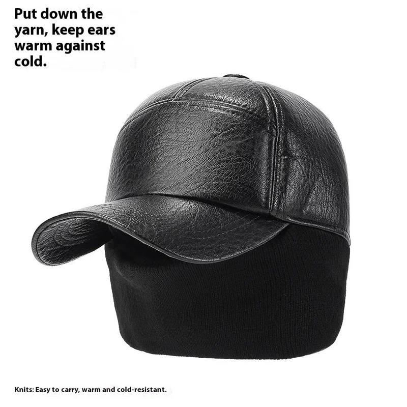 PU Leather Outdoor Warm Hat for Men Autumn Winter Baseball Cap with Ear Flaps - Black