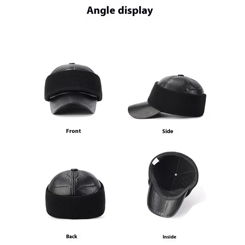 PU Leather Outdoor Warm Hat for Men Autumn Winter Baseball Cap with Ear Flaps - Black