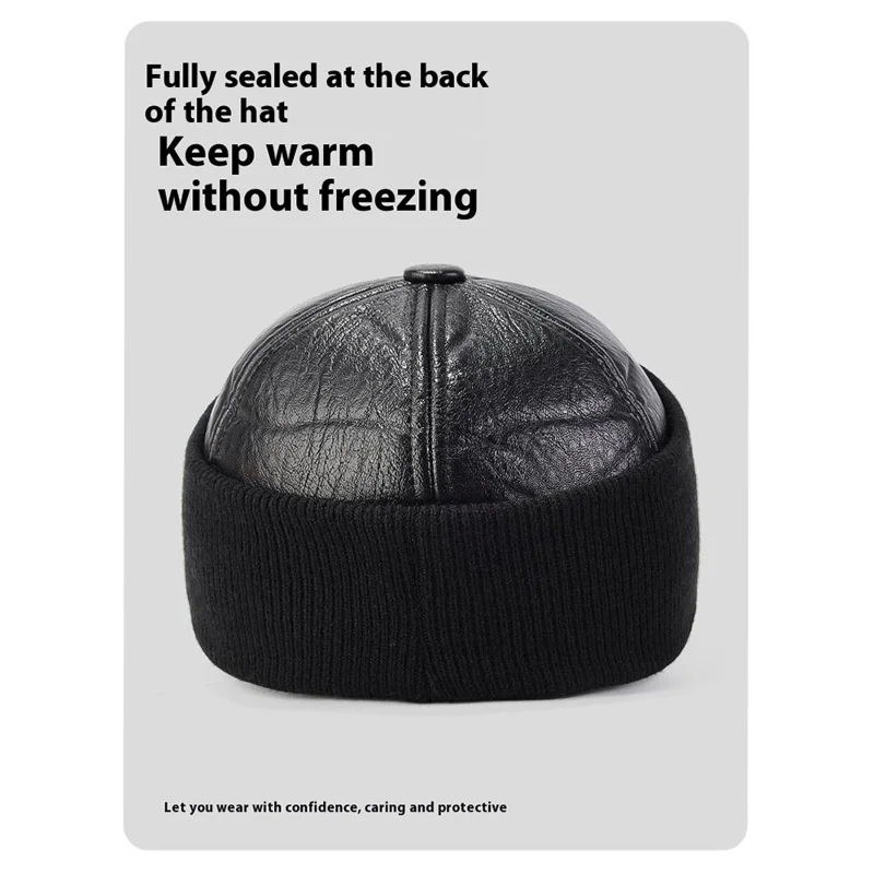 PU Leather Outdoor Warm Hat for Men Autumn Winter Baseball Cap with Ear Flaps - Black
