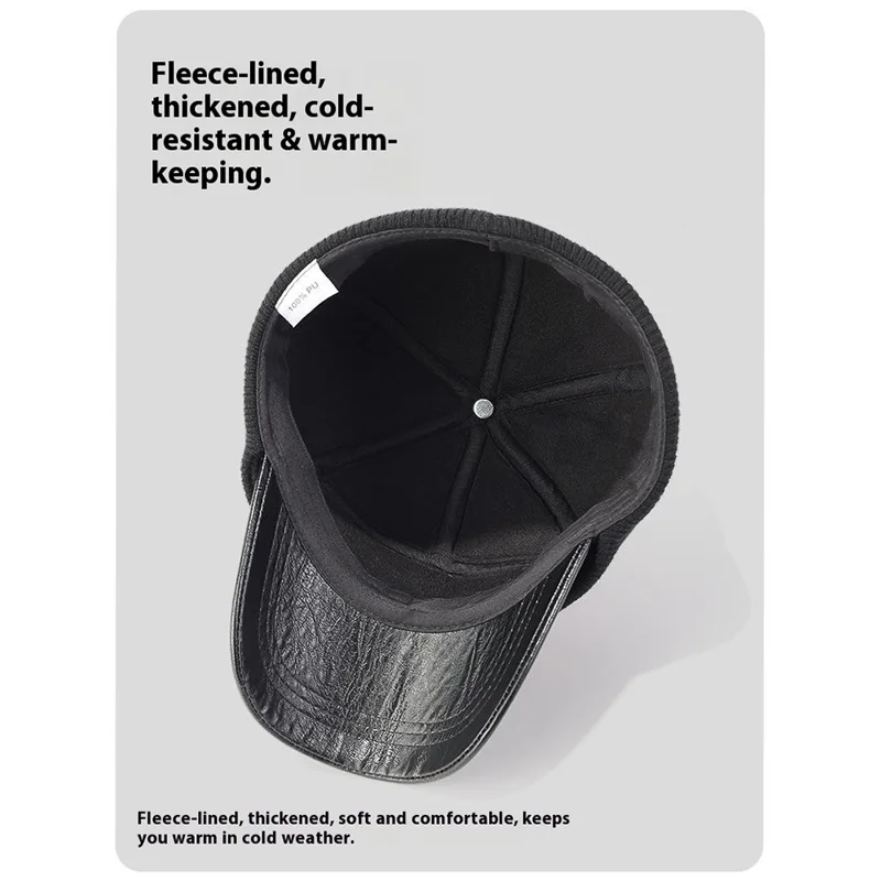 PU Leather Outdoor Warm Hat for Men Autumn Winter Baseball Cap with Ear Flaps - Black