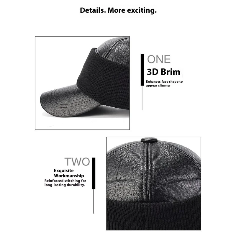 PU Leather Outdoor Warm Hat for Men Autumn Winter Baseball Cap with Ear Flaps - Black