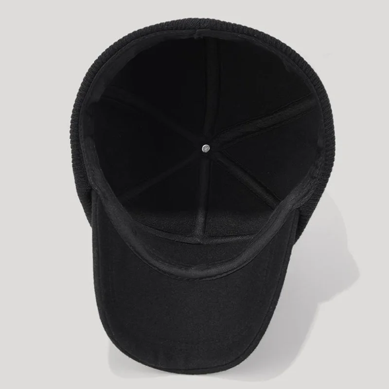 قبعة بيسبول للرجال مع حماية للأذنين قبعة دافئة مضادة للرياح من الصوف قبعة خارجية للشتاء - أسود