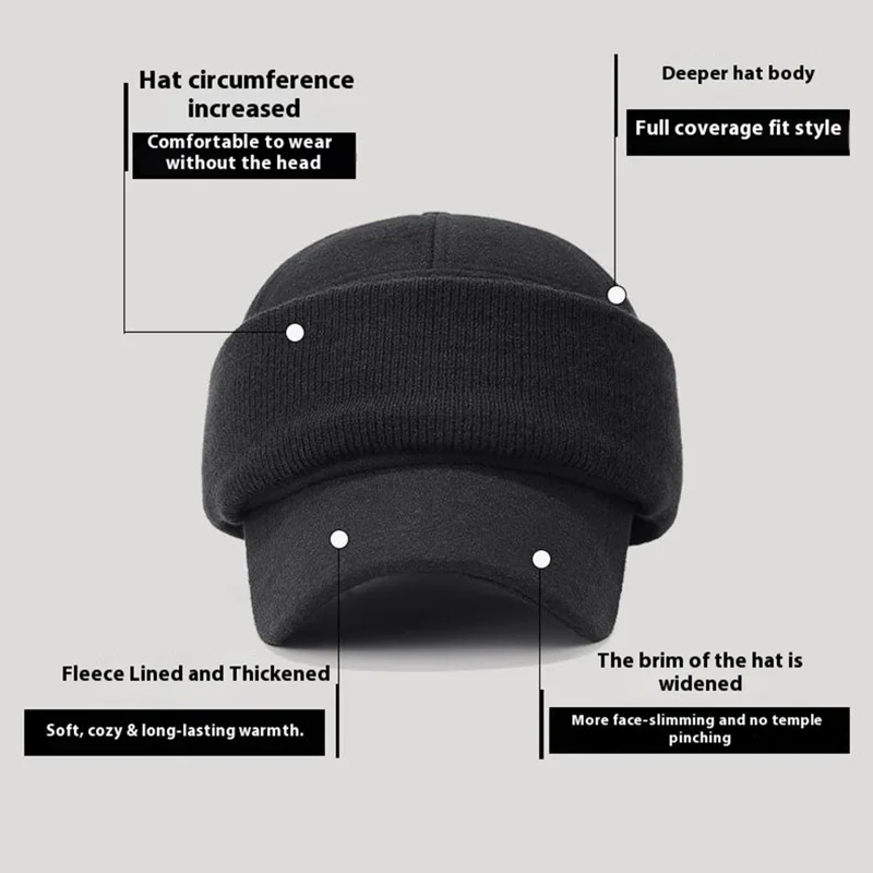 قبعة بيسبول للرجال مع حماية للأذنين قبعة دافئة مضادة للرياح من الصوف قبعة خارجية للشتاء - أسود