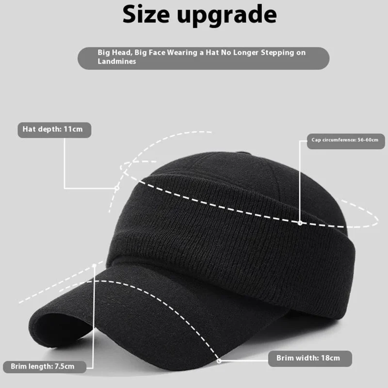 قبعة بيسبول للرجال مع حماية للأذنين قبعة دافئة مضادة للرياح من الصوف قبعة خارجية للشتاء - أسود