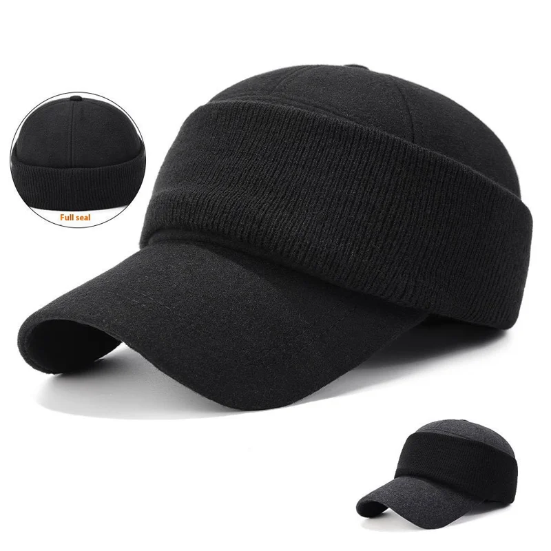 Winter Baseball Cap for Middle Aged and Elderly Outdoor Thermal Fleece Lined Ear Protection Hat - Black