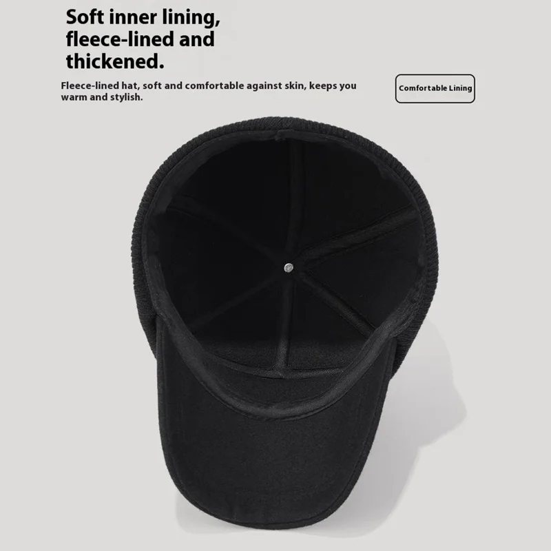 Winter Baseball Cap for Middle Aged and Elderly Outdoor Thermal Fleece Lined Ear Protection Hat - Black