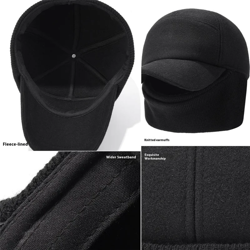 Winter Baseball Cap for Middle Aged and Elderly Outdoor Thermal Fleece Lined Ear Protection Hat - Black