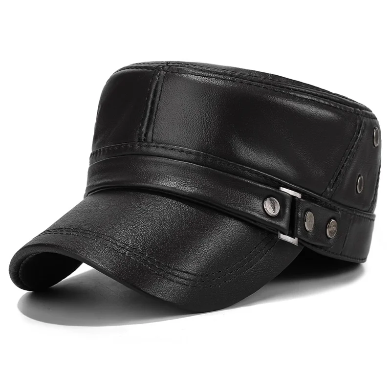 Winter Leather Flat Cap for Middle-Aged / Elderly Fleece-Lined Thick Outdoor Fashion Warm Hat with Rivets - Black