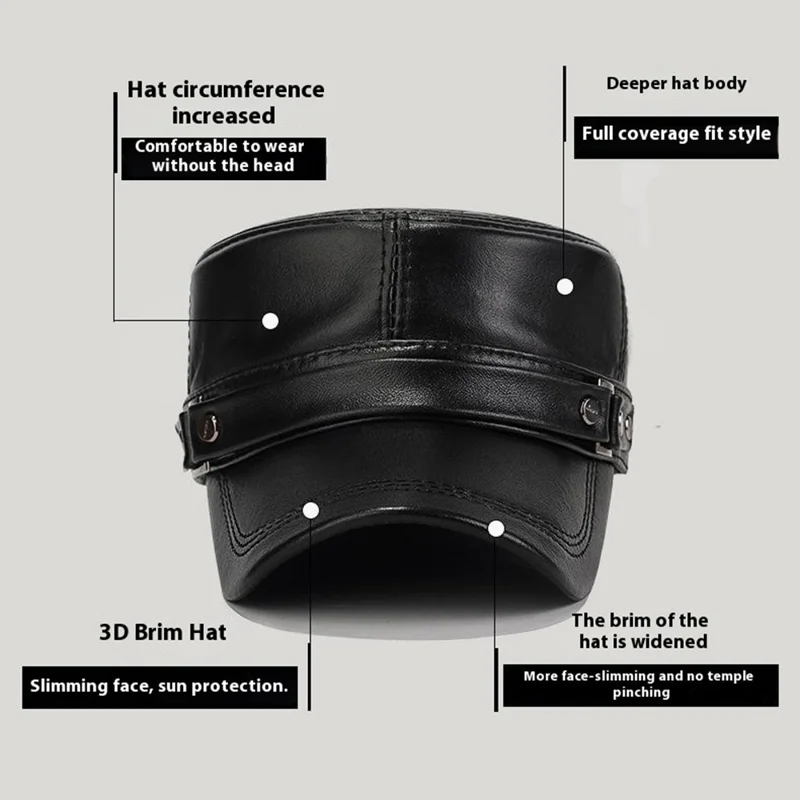 Winter Leather Flat Cap for Middle-Aged / Elderly Fleece-Lined Thick Outdoor Fashion Warm Hat with Rivets - Black