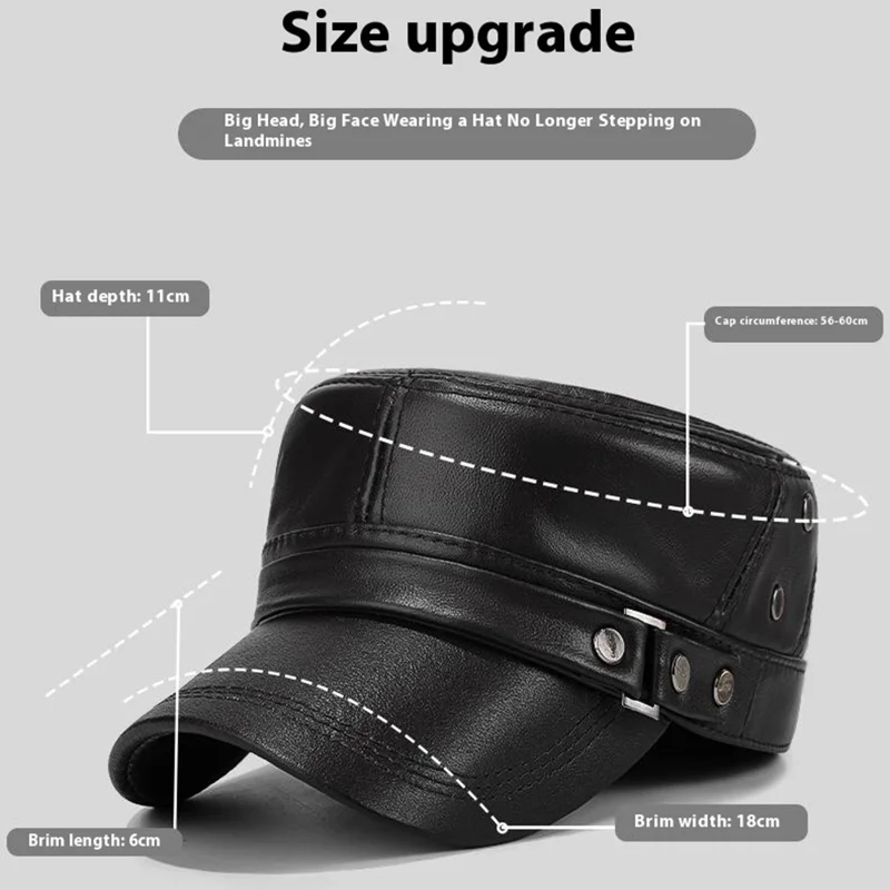Winter Leather Flat Cap for Middle-Aged / Elderly Fleece-Lined Thick Outdoor Fashion Warm Hat with Rivets - Black