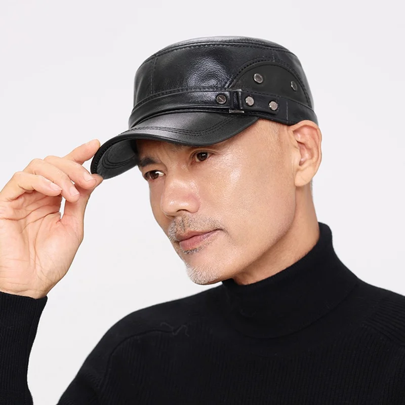 Winter Leather Flat Cap for Middle-Aged / Elderly Fleece-Lined Thick Outdoor Fashion Warm Hat with Rivets - Black