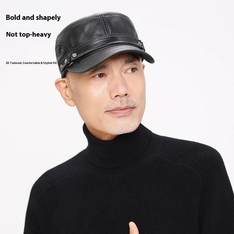 Winter Leather Flat Cap for Middle-Aged / Elderly Fleece-Lined Thick Outdoor Fashion Warm Hat with Rivets - Black
