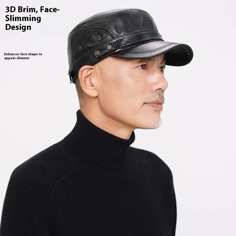 Winter Leather Flat Cap for Middle-Aged / Elderly Fleece-Lined Thick Outdoor Fashion Warm Hat with Rivets - Black