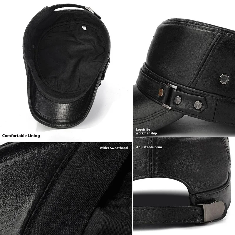 Winter Leather Flat Cap for Middle-Aged / Elderly Fleece-Lined Thick Outdoor Fashion Warm Hat with Rivets - Black