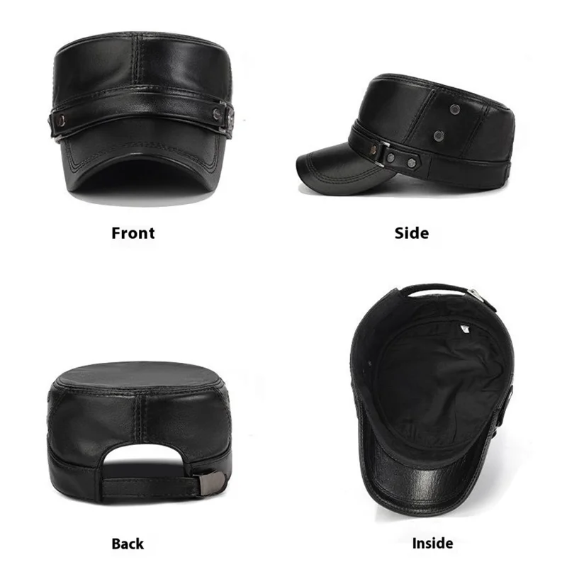 Winter Leather Flat Cap for Middle-Aged / Elderly Fleece-Lined Thick Outdoor Fashion Warm Hat with Rivets - Black