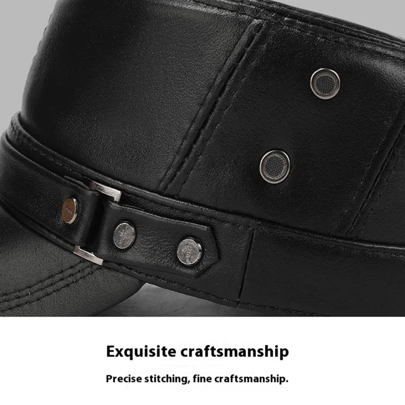 Winter Leather Flat Cap for Middle-Aged / Elderly Fleece-Lined Thick Outdoor Fashion Warm Hat with Rivets - Black