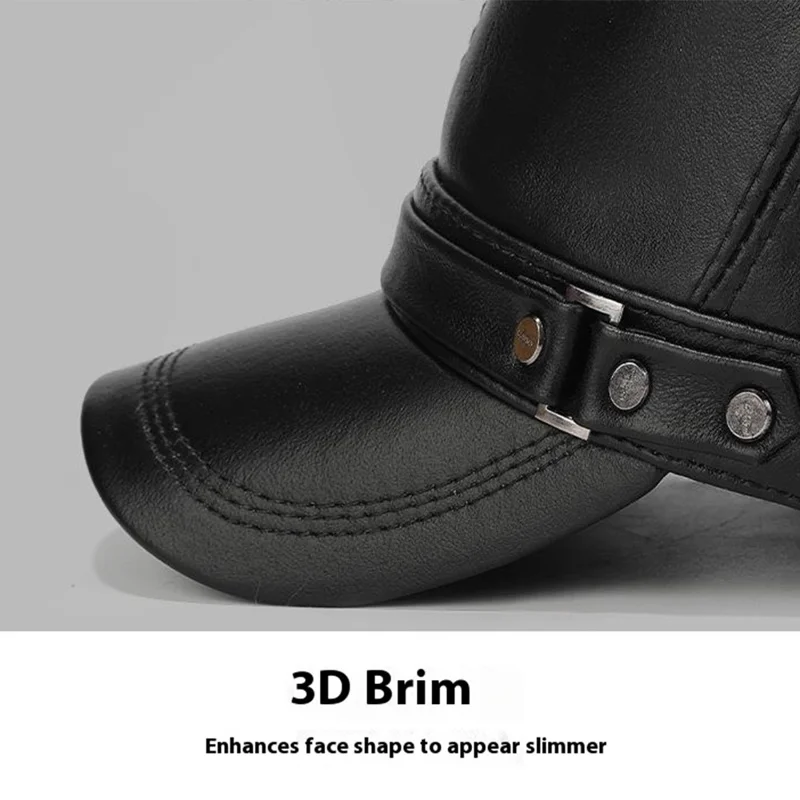 Winter Leather Flat Cap for Middle-Aged / Elderly Fleece-Lined Thick Outdoor Fashion Warm Hat with Rivets - Black