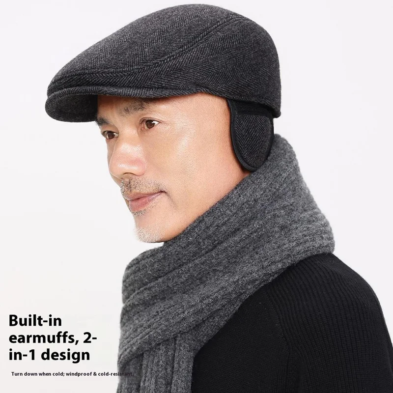 Wool Newsboy Cap for Seniors Ear Flap Warm Peaked Hat Outdoor Cold Protection Dad Hat