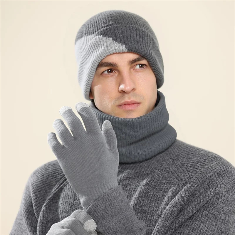 3Pcs / Set Winter Windproof Knitted Gloves Elastic Beanie Hat and Neck Warmer for Outdoor Skiing Cycling - Light Grey