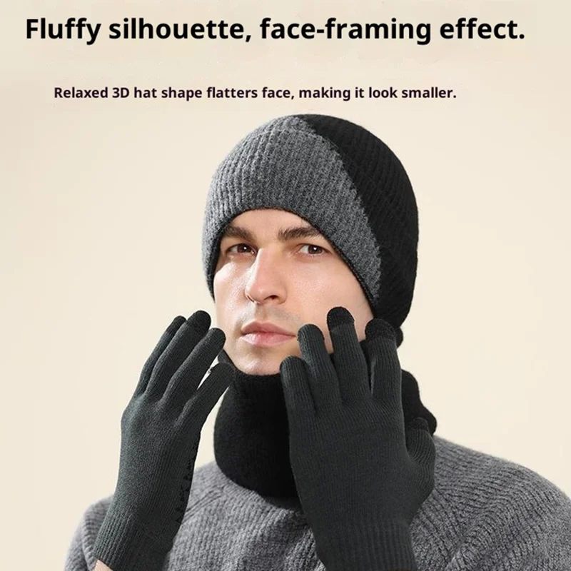 3Pcs / Set Winter Windproof Knitted Gloves Elastic Beanie Hat and Neck Warmer for Outdoor Skiing Cycling - Light Grey