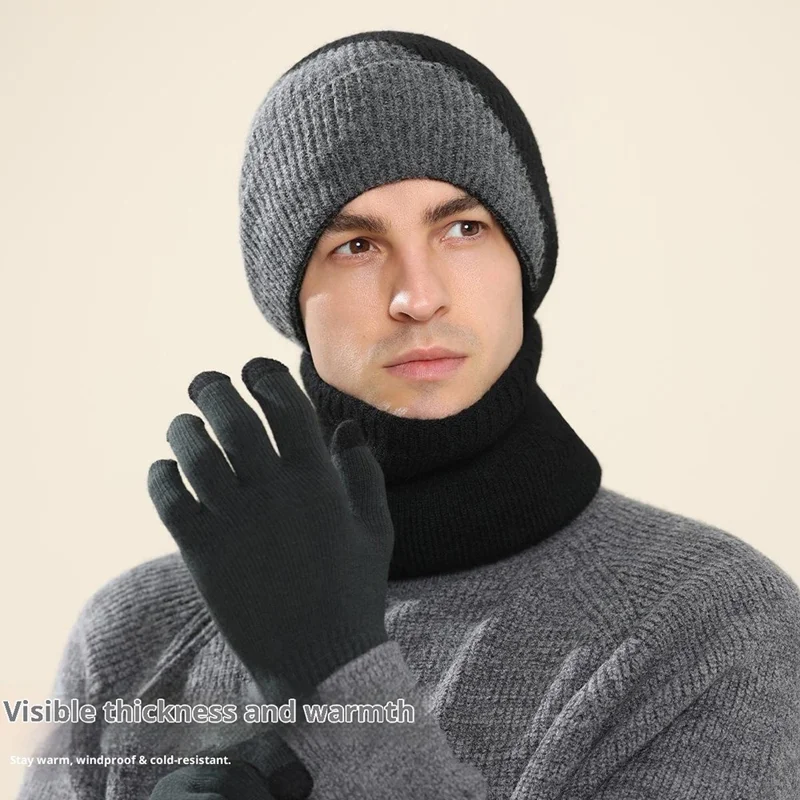 3Pcs / Set Winter Windproof Knitted Gloves Elastic Beanie Hat and Neck Warmer for Outdoor Skiing Cycling - Light Grey