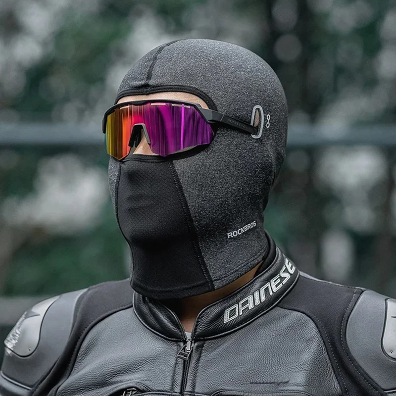 ROCKBROS Windproof Motorcycle Balaclava Warm Fleece Full Face Mask Breathable Elastic Hood - Black / with Glasses Hole