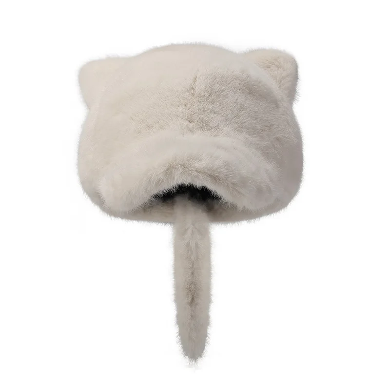 Süße 3D Bären Ohren Baseball Kappe mit Schwanz für Frauen Einfarbig Winter Plüsch Thermal Mütze - Beige