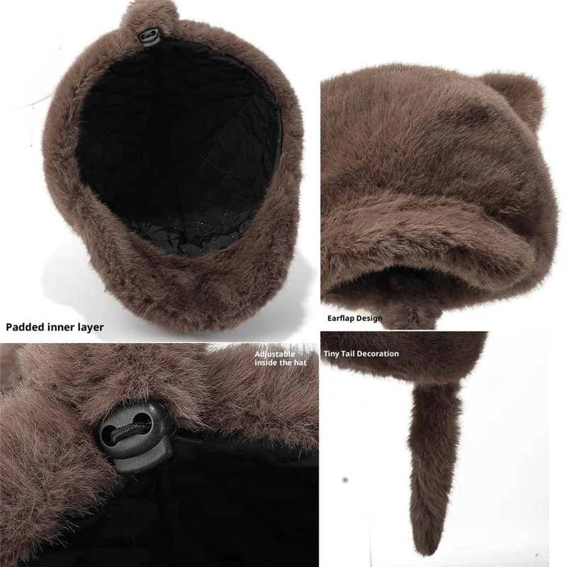 Süße 3D Bären Ohren Baseball Kappe mit Schwanz für Frauen Einfarbig Winter Plüsch Thermal Mütze - Beige